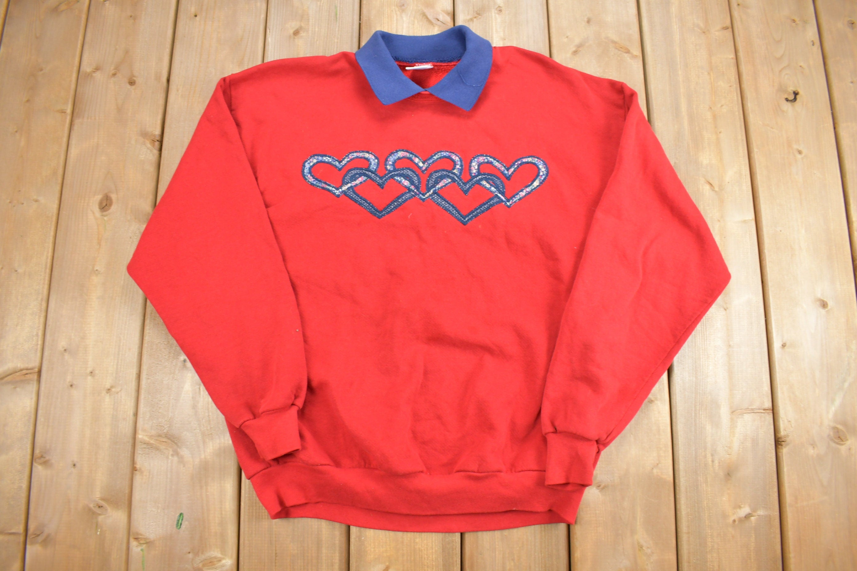 Vintage 1990s Heart Embroidered Cute Collared Crewneck Sweater