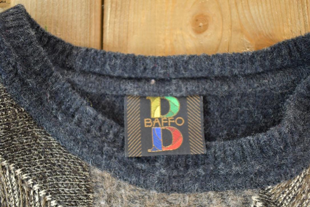 Vintage 1990s Baffo Wool Knit Abstract Pattern Crewneck Sweater /