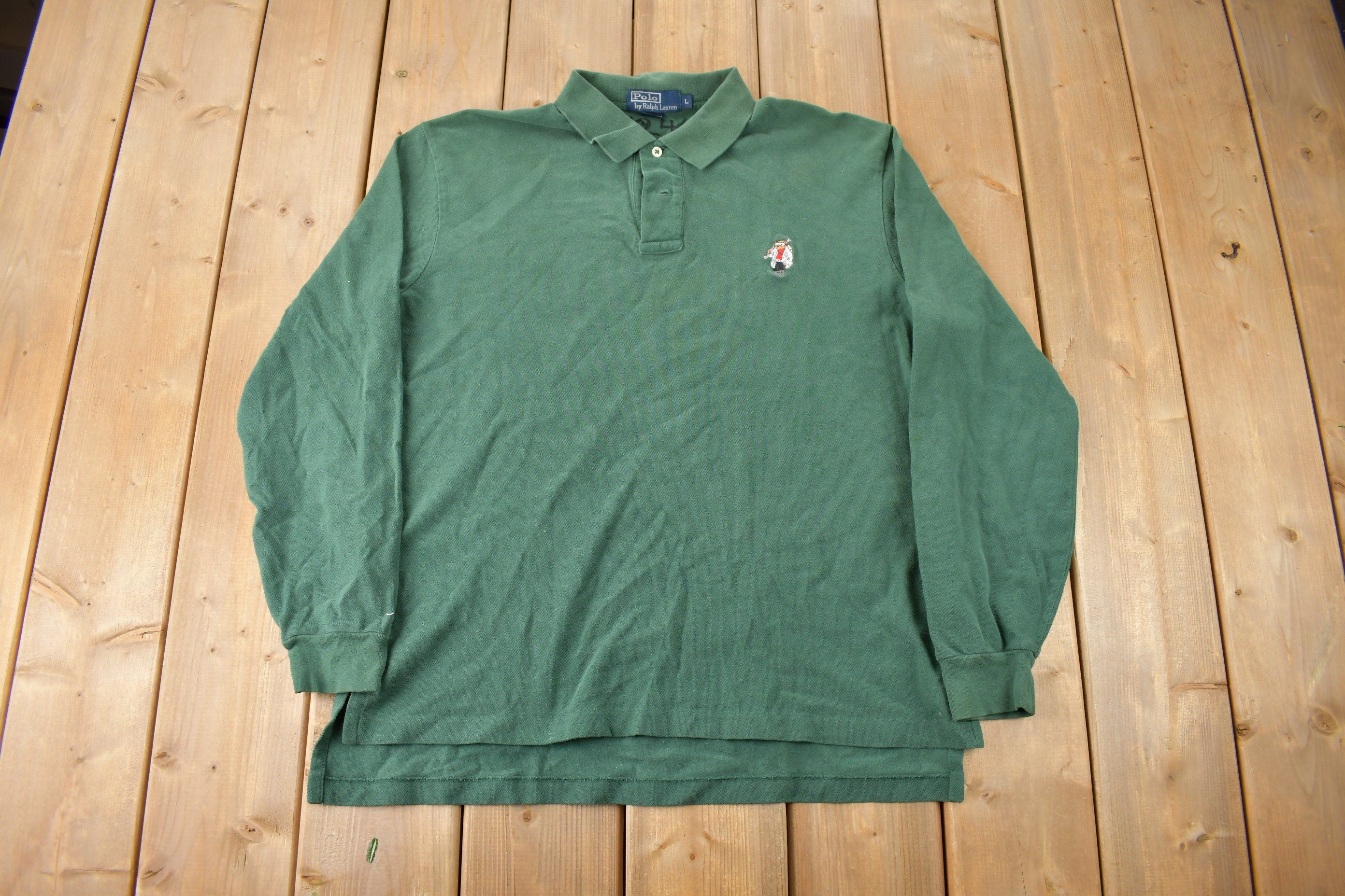 Vintage 1990s Polo By Ralph Lauren Embroidered Ski Bear Long Sleeve Polo Shirt