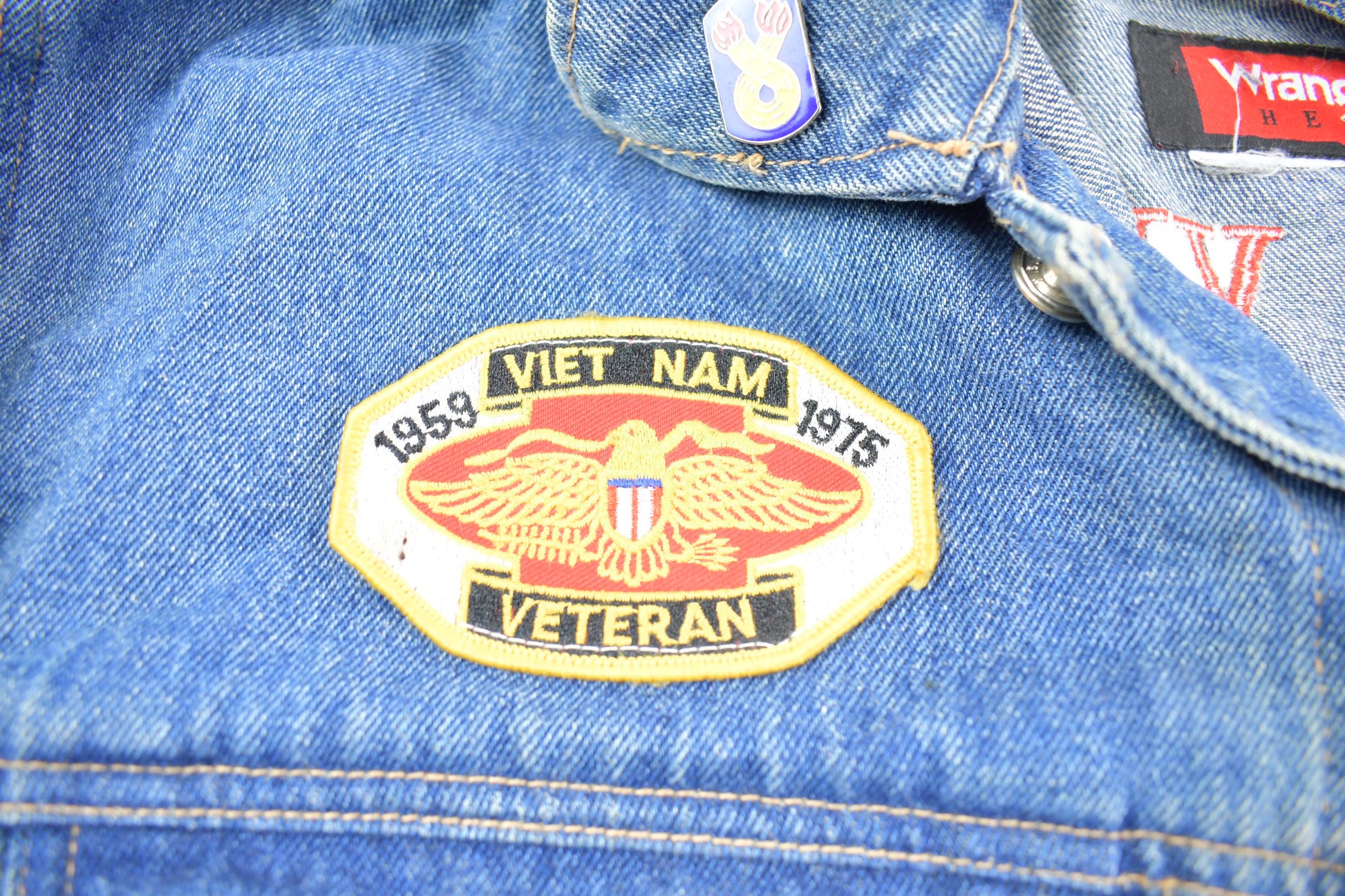 Vintage 1970s Wrangler Hero Vietnam Veteran Harley Davidson Embroidered Jean Jacket Made In USA