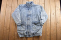 Vintage 1990s East West Denim Jean Jacket  leather Accents  Vintage Denim  Streetwear  Vintage Fall Outerwear  Fall Jacket  90s denim