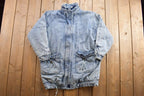 Vintage 1990s East West Denim Jean Jacket  leather Accents  Vintage Denim  Streetwear  Vintage Fall Outerwear  Fall Jacket  90s denim