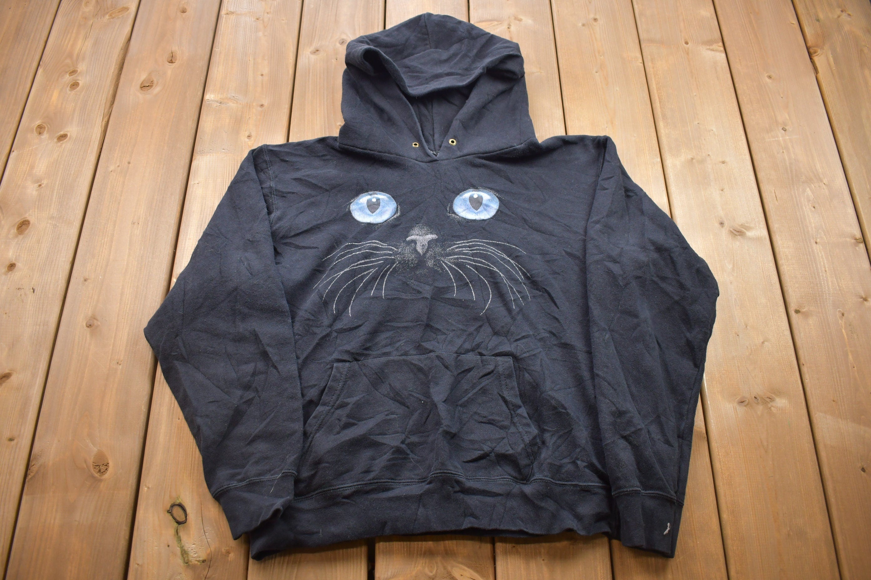 Vintage 1990s Cute Cat Face Graphic Hoodie