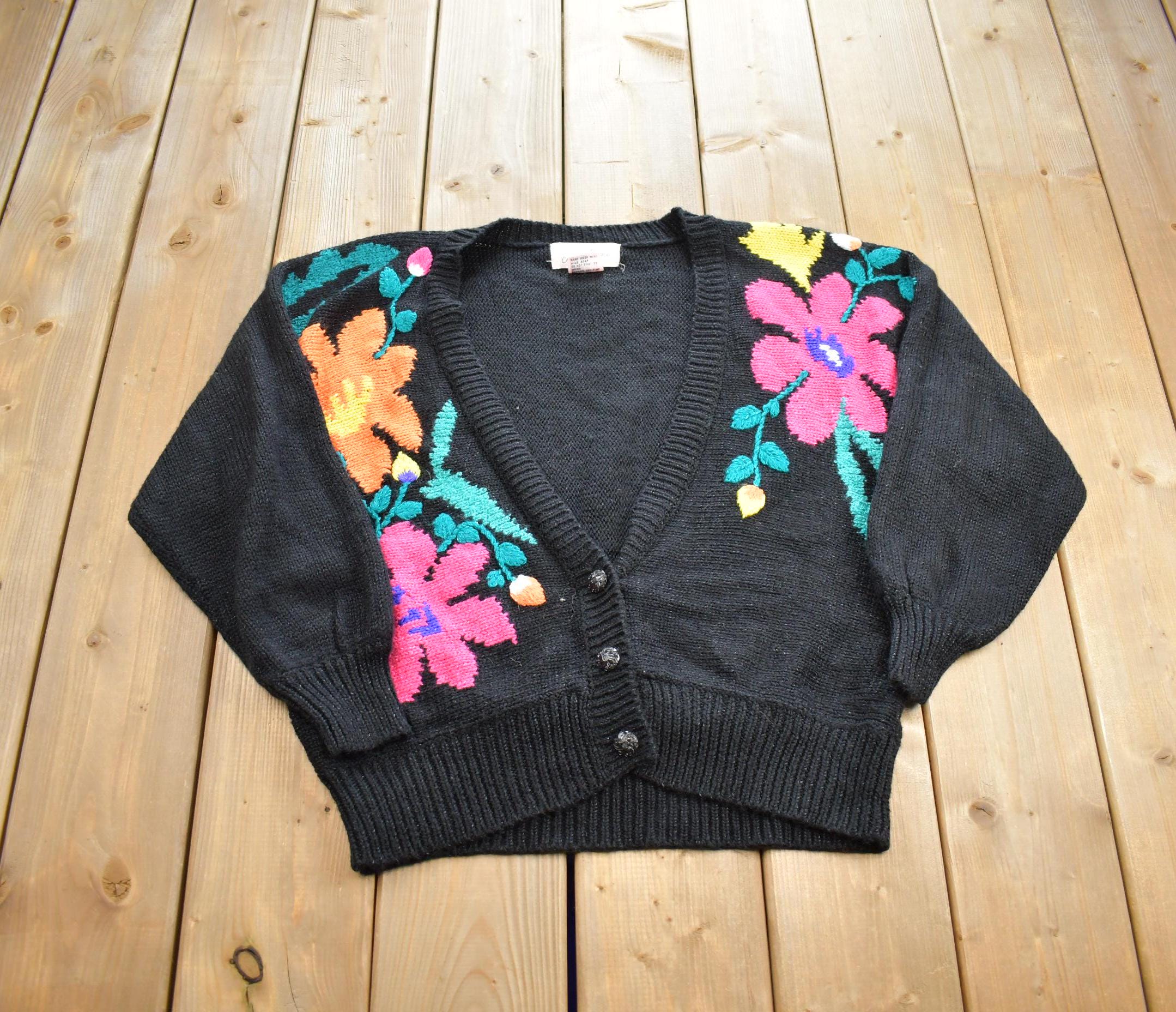 Vintage 1980s Jaclyn Smith Flower Theme Knit Cardigan Sweater Size L