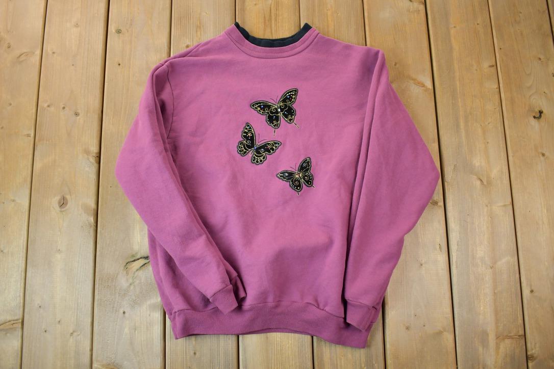Vintage 1990s Top Stitch Double Collar Embroidered Butterfly Cute Crewneck Sweater