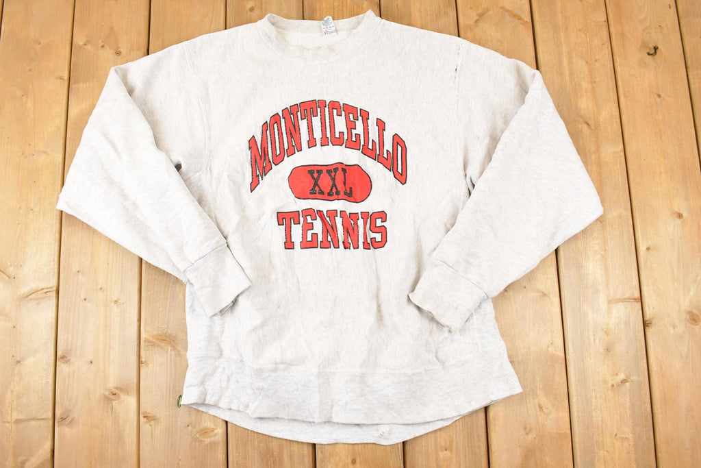 Vintage 1990s Monticello Tennis Graphic Print University Crewneck Sweater Men's L / Vintage Collegiate / 90's State College Sportswear