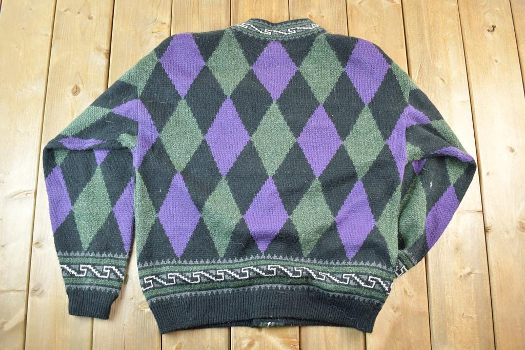 Vintage 1990s Bachrach Wool Blend Argyle Print Knit Cardigan Sweater Mens M