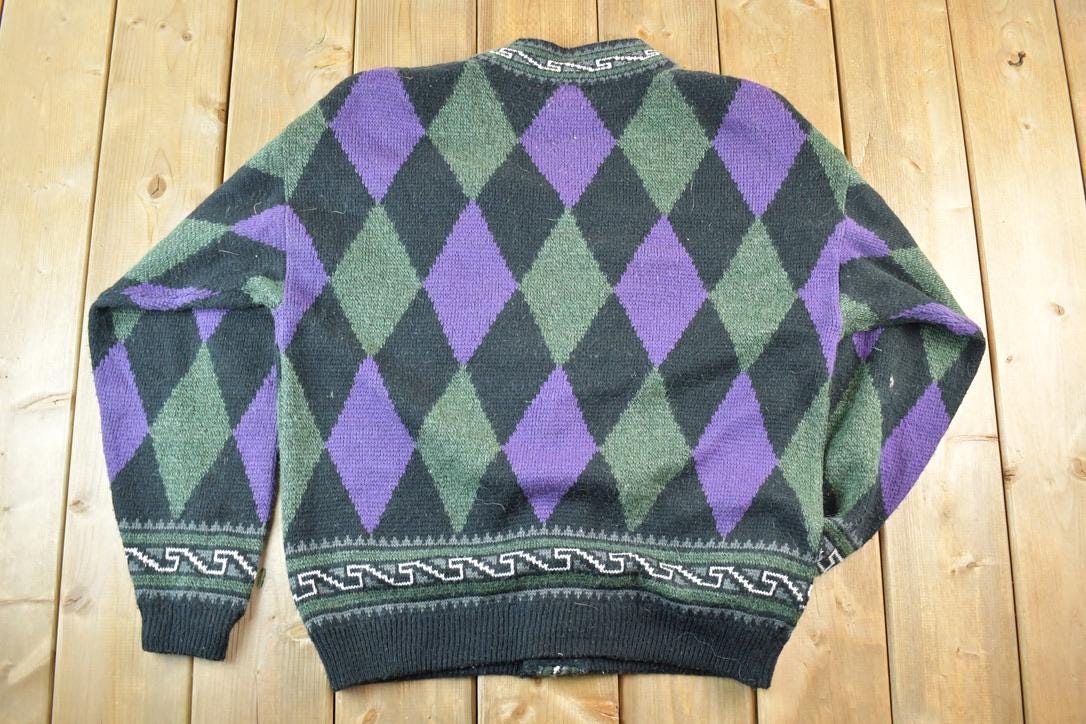Vintage 1990s Bachrach Wool Blend Argyle Print Knit Cardigan Sweater Mens M