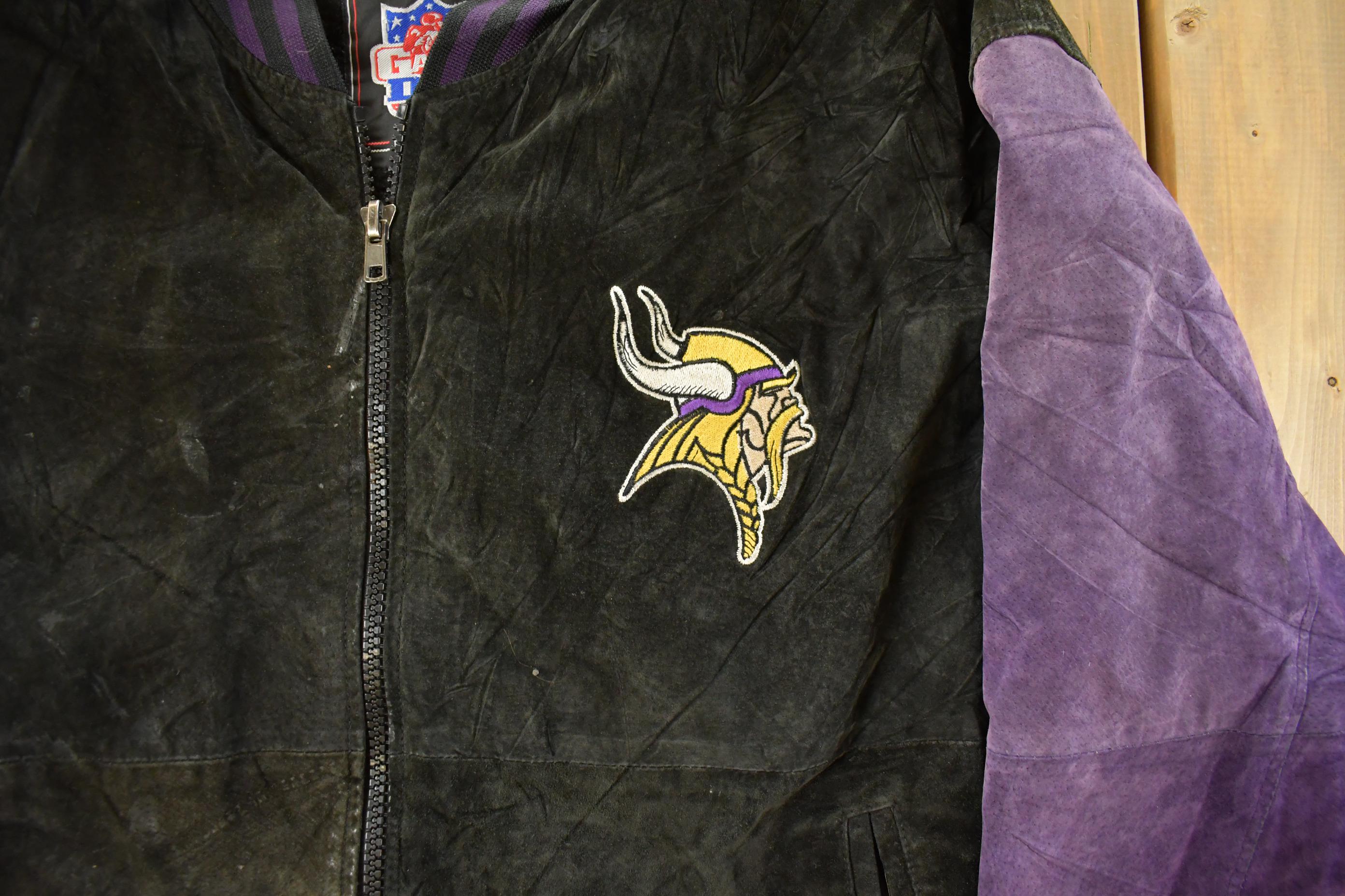 Vintage 1990's Minnesota Vikings Distressed Suede Leather Letterman Jacket Mens Large