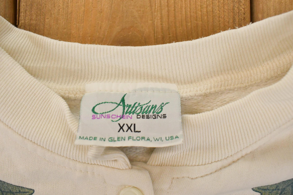 Vintage 1990s Artisans Fall AOP Graphic Print Button Up Crewneck Sweatshirt Women's XL