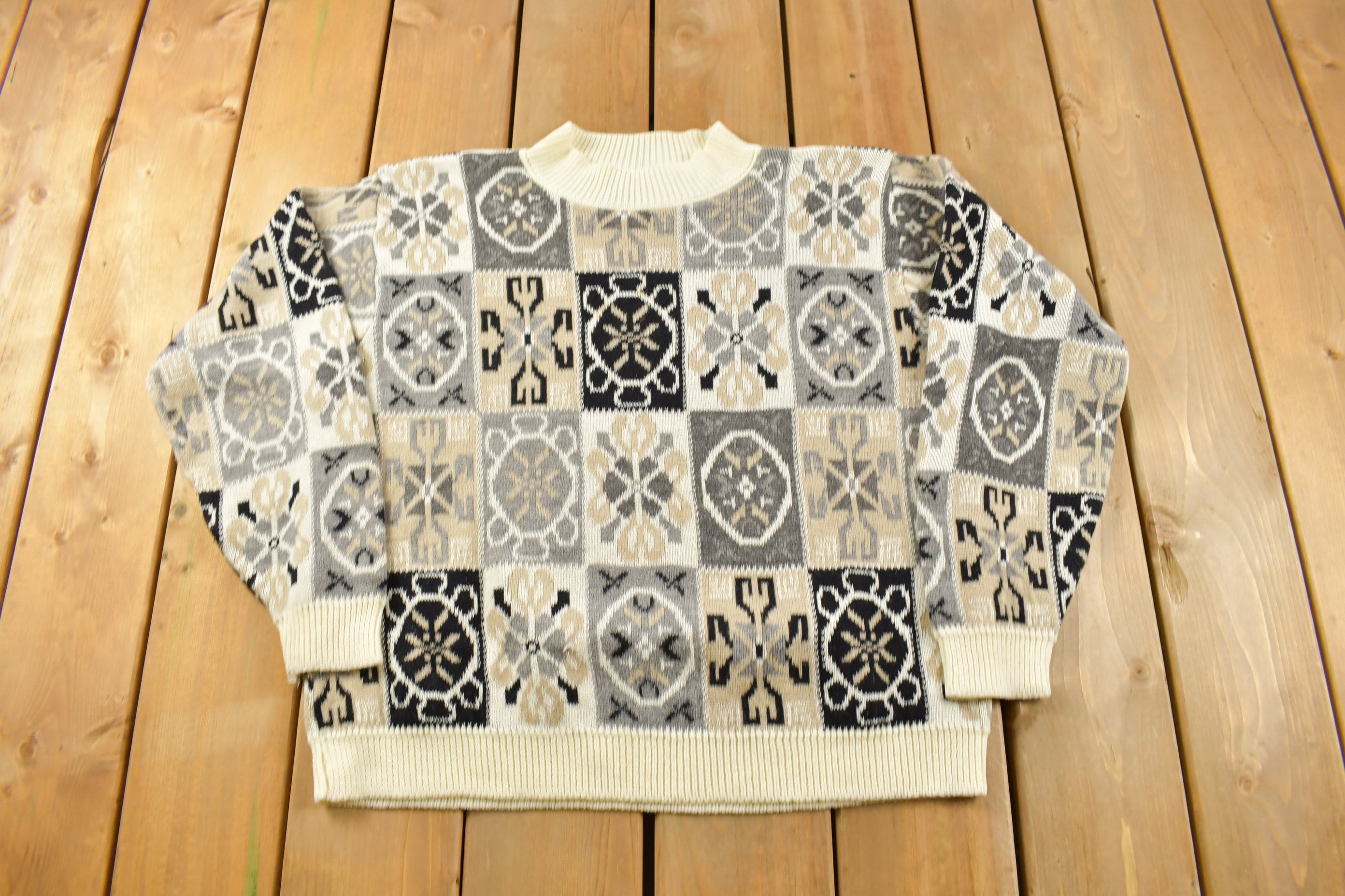 Vintage Alfred Dunner Knitted Patchwork Mock Neck Sweater