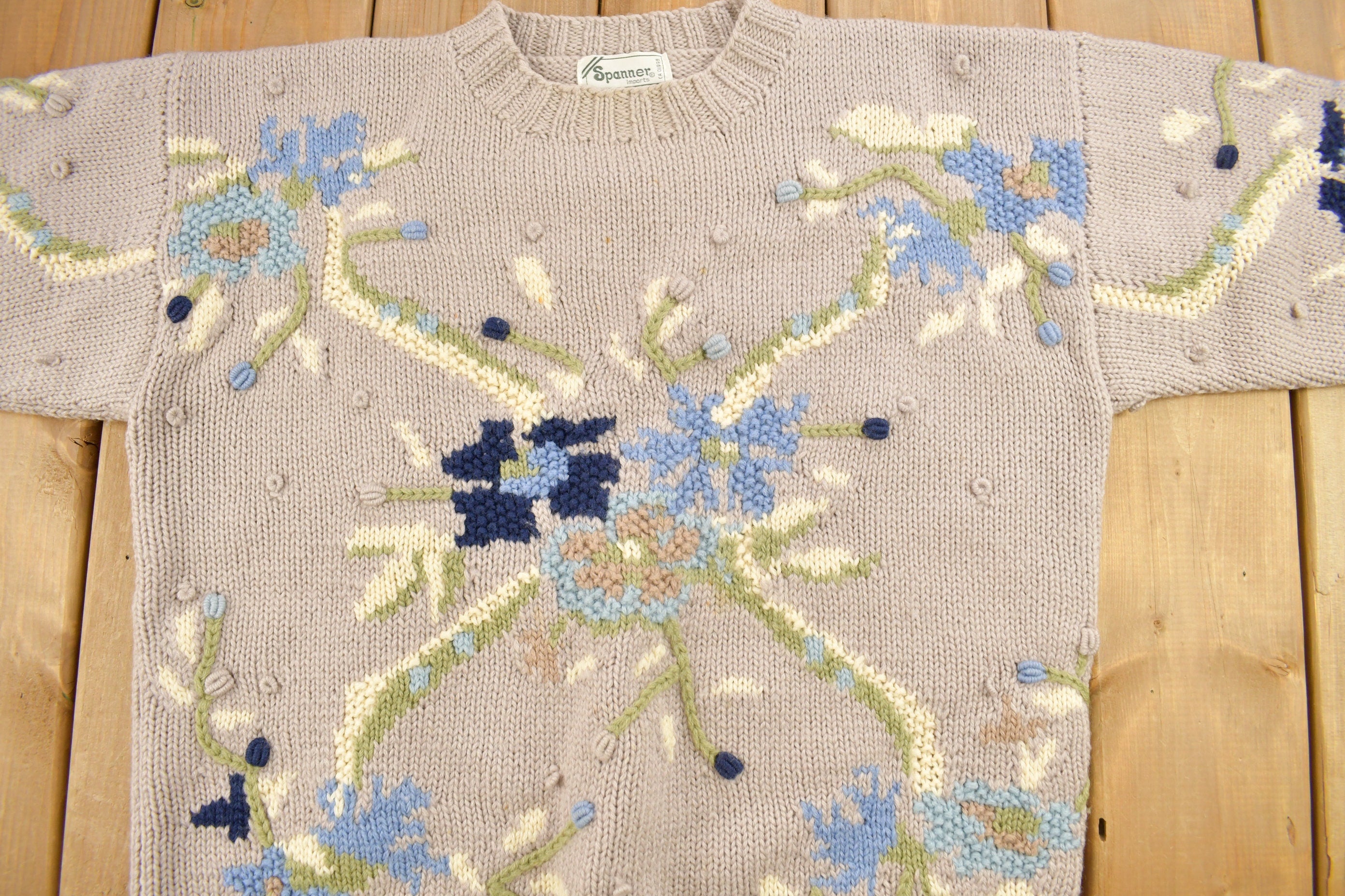 Vintage 1990s Spanner Imports 100% Wool Floral Knit Sweater