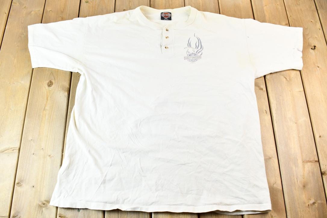 Vintage 1996 Harley Davidson Motorcycles Denver Colorado Single Stitch Short Sleeve Henley Graphic T-Shirt