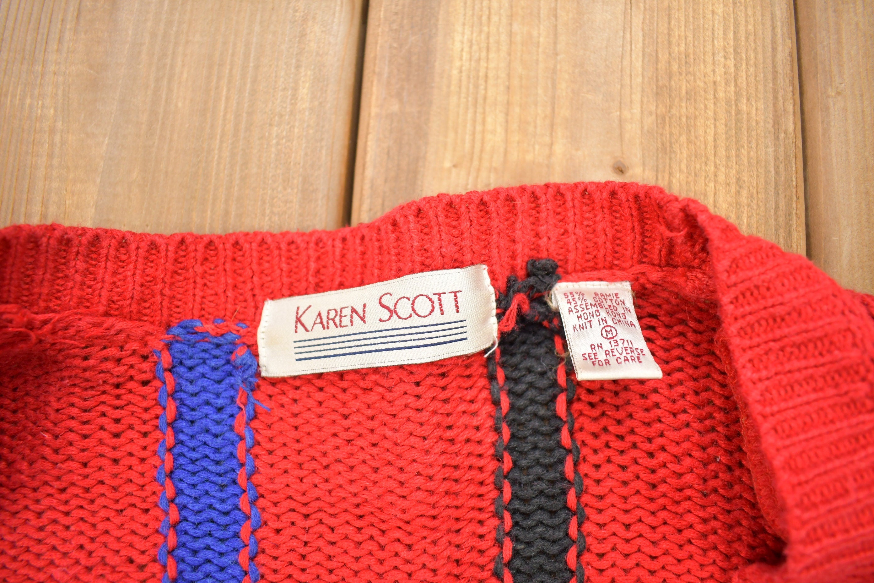 Vintage 1990s Karen Scott Striped Knitted Cardigan Sweater / Vintage Cardigan / Button Up / Abstract Pattern