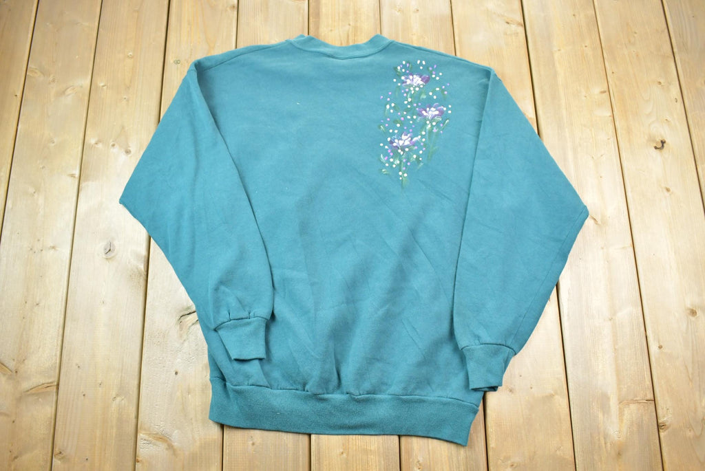 Vintage 1990s Jerzeez Hand Painted Floral Cute Crewneck Sweater / 90s Crewneck / Grandma Sweater / Streetwear / Made In USA / Flower Theme