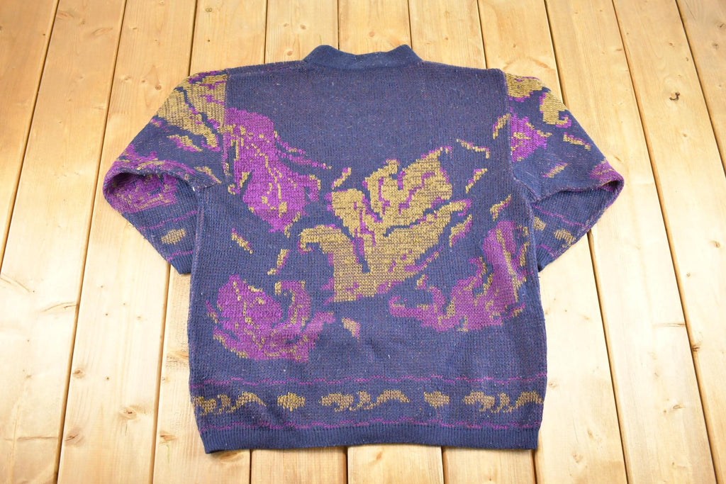 Vintage 1990s Andrea AOP Floral Wool Knit Crewneck Sweater Women's L /