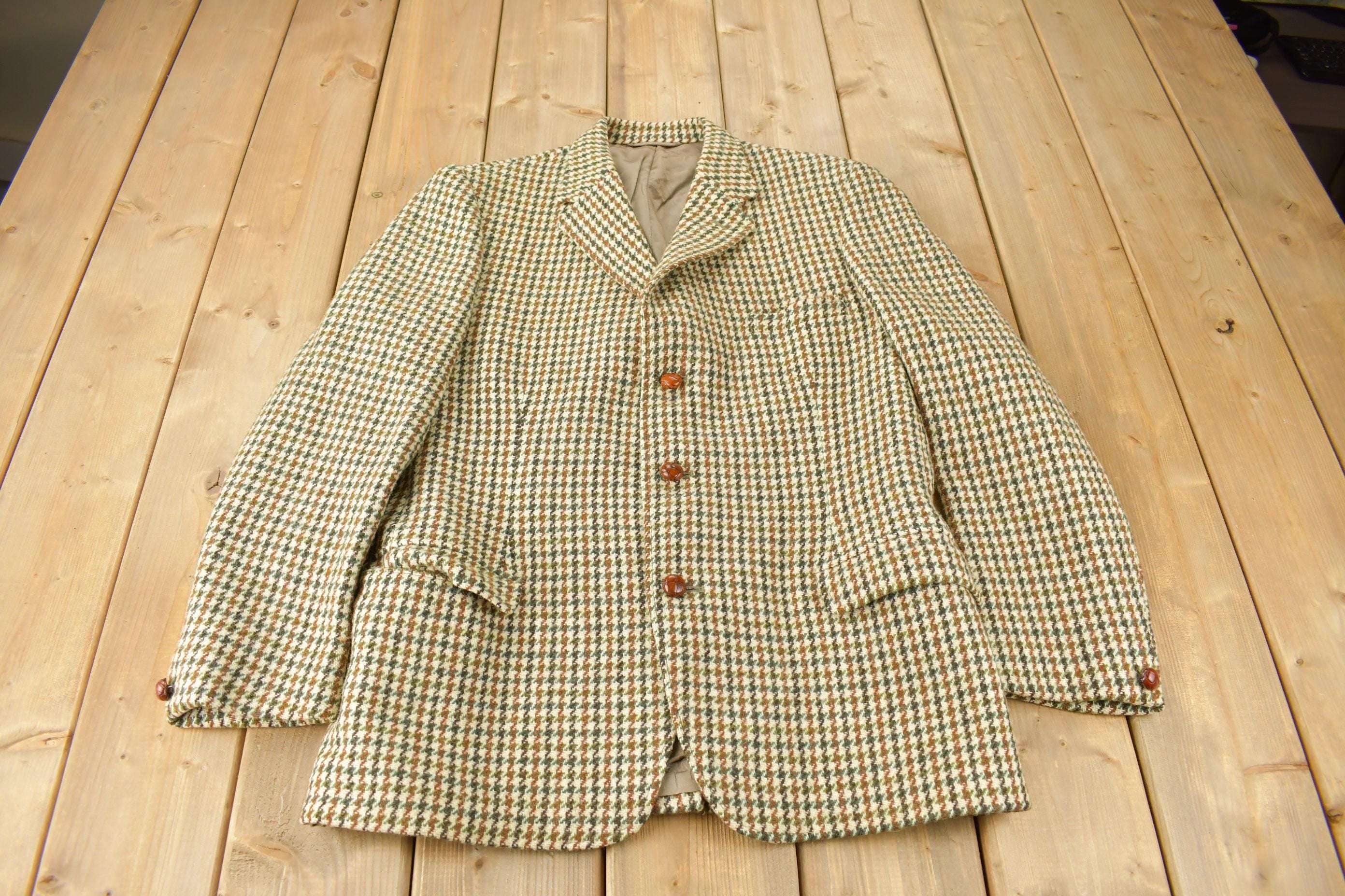 Vintage 1980s Harris Tweed Houndstooth 100% Wool Coat