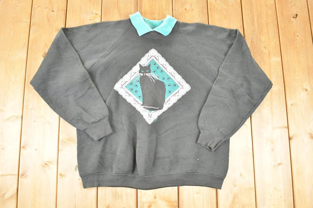 Vintage 1980s Lace Cat Collared Crewneck Sweatshirt Women's L