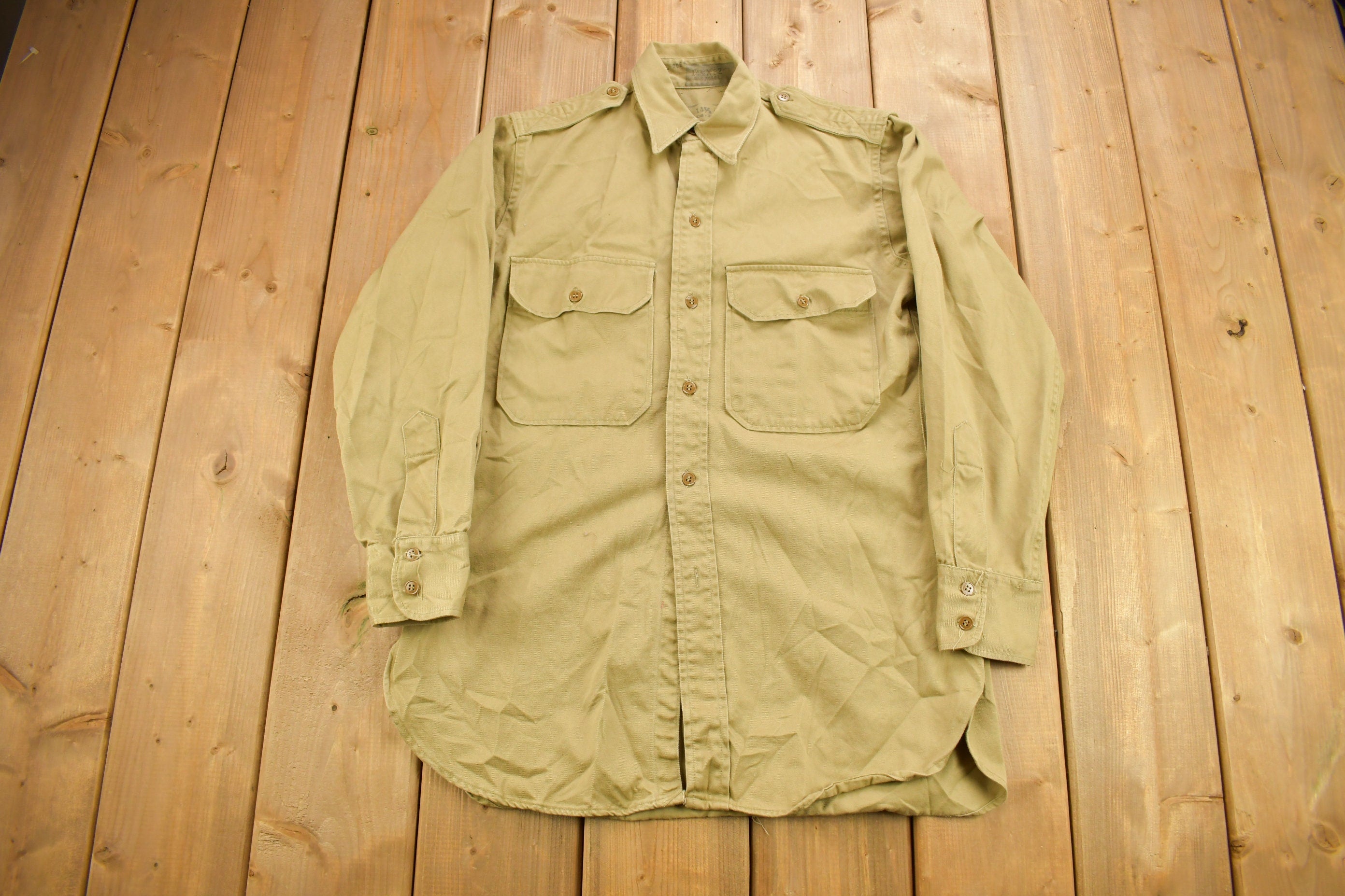 Vintage 1952 Military Khaki-1 Stand-Up Collar Button Up Shirt
