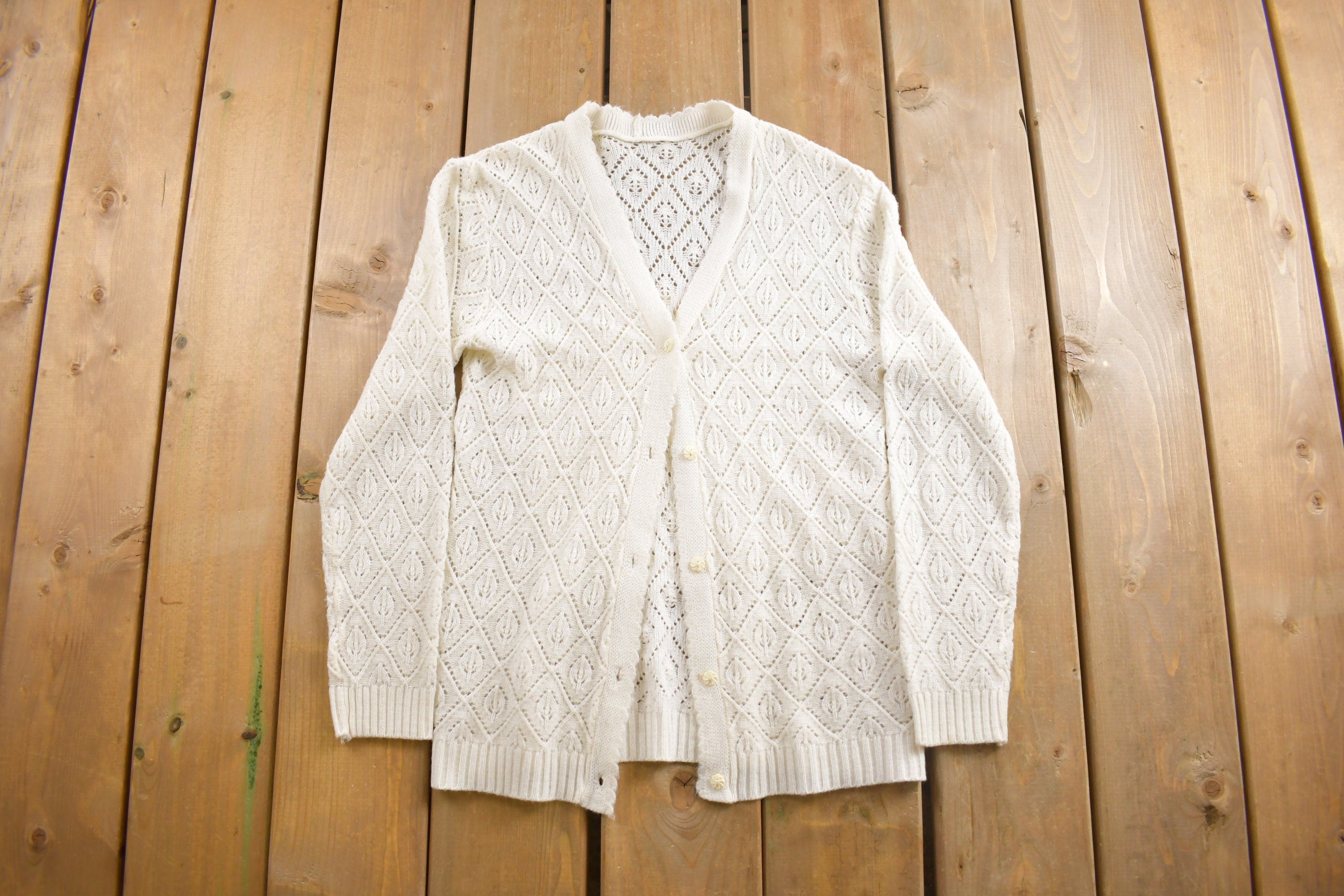 Vintage 1980s Leaf Pattern Knit Cardigan Sweater /