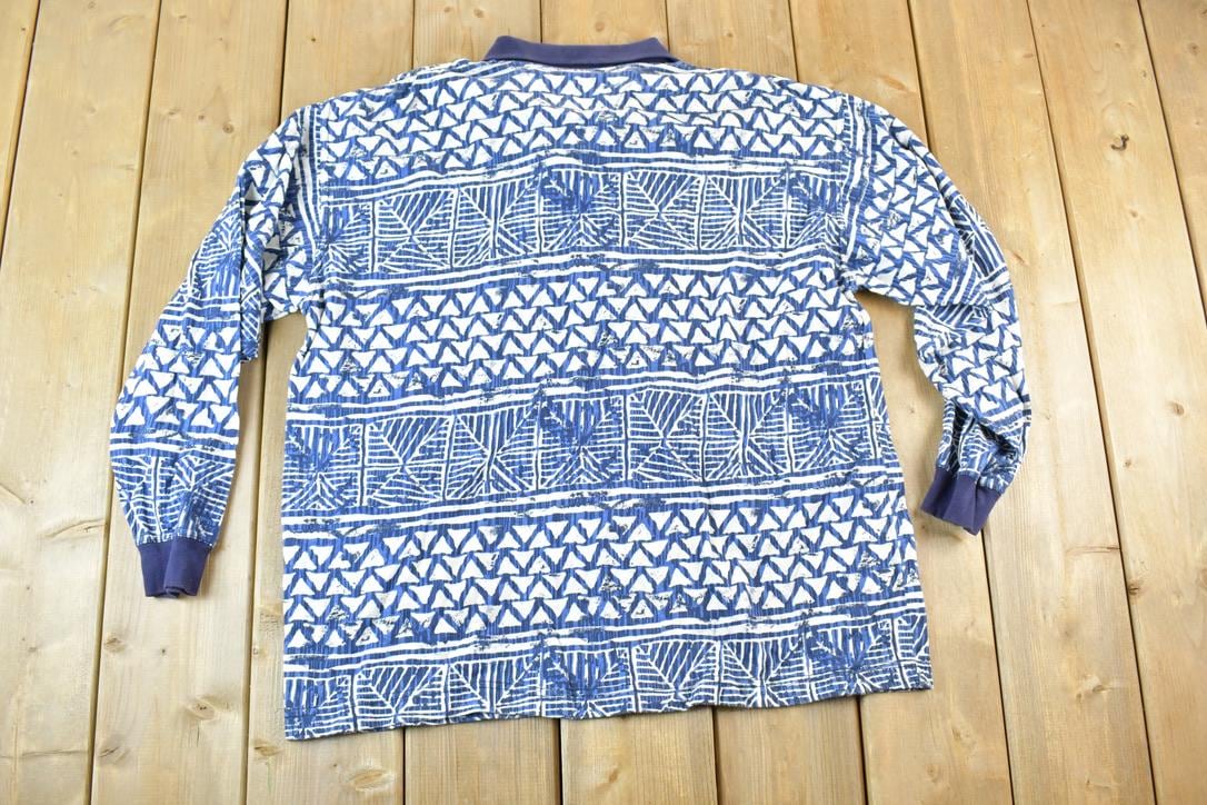Vintage 1990s Cosmic Garage Abstract Print Quarter Button Long Sleeve Shirt