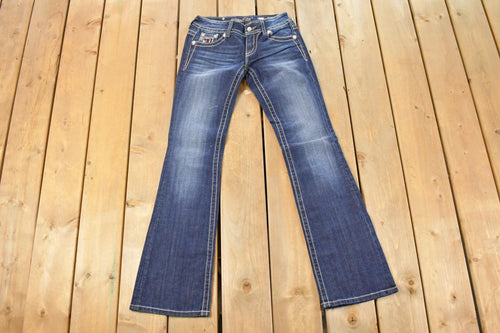 Vintage Deadstock Y2K Miss Me Bedazzled Low Rise Jeans Women's Size 26x31 / Boot Cut Jeans / 2000's Embroidered Contrast Stitched Denim