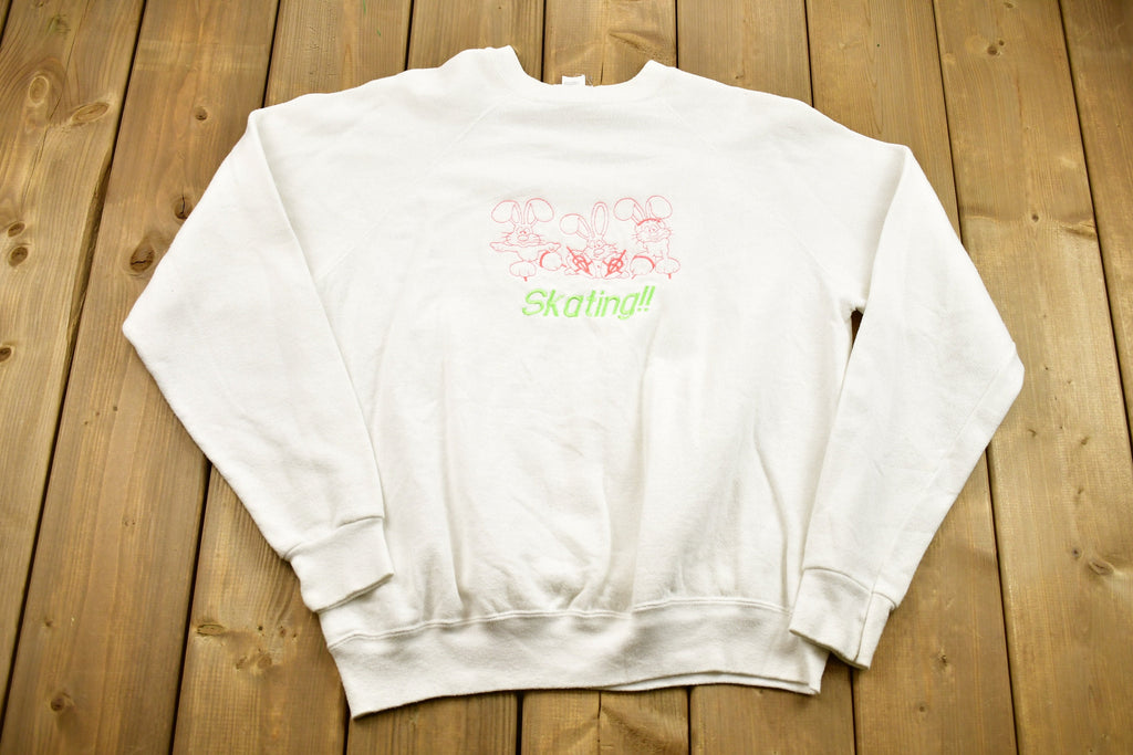 Vintage 1980s Crewneck Skating Bunny Rabbit Embroidered Raglan Crewneck