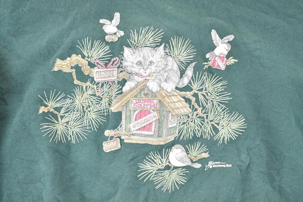 Vintage 1990s Morning Sun Cute Kitty Cat Collared Crewneck Sweatshirt Women's L