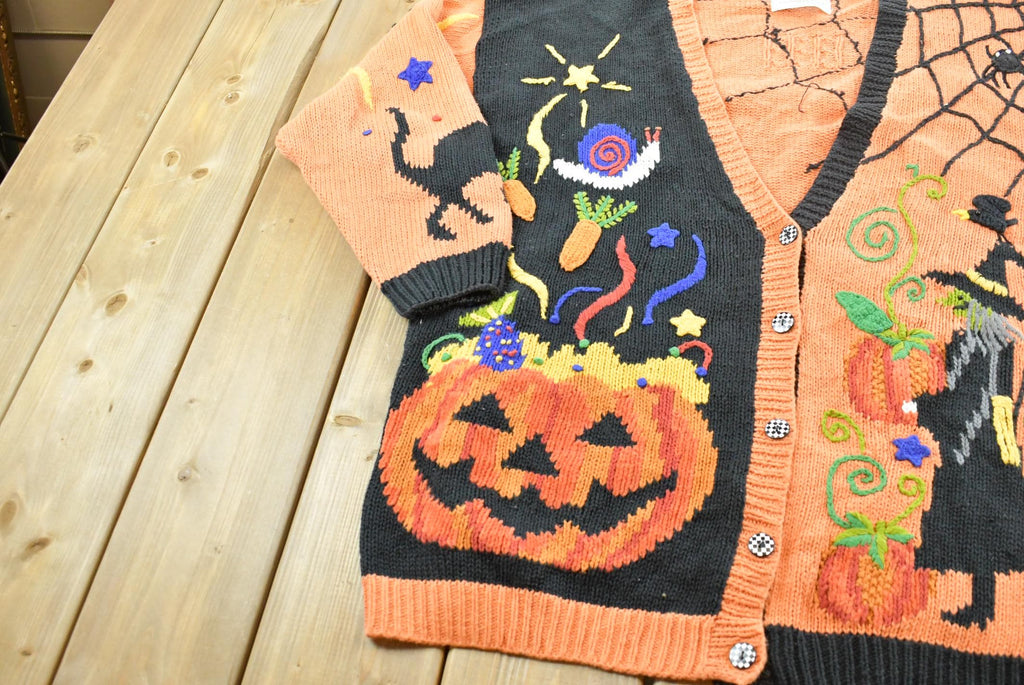Vintage 1990s Marisa Christina Halloween AOP Heavy Knit Cardigan Sweater Women's XXL / Knitted by Hand / Pumpkin Witch Ghost Spooky
