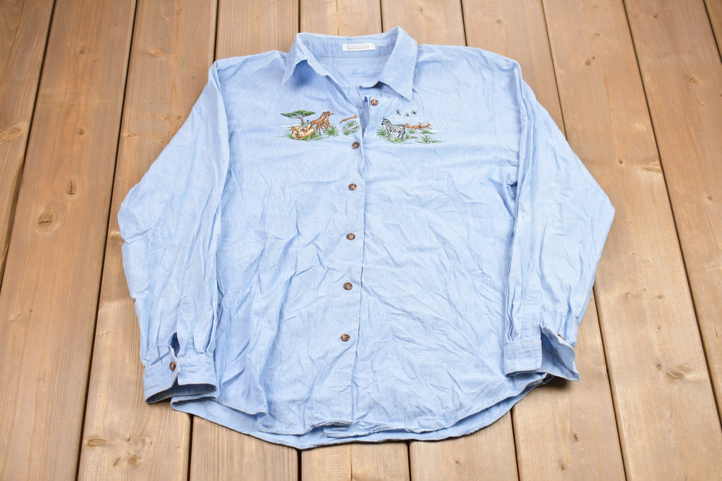 Vintage 1990s Desert Safari Embroidered Denim Button Up Shirt