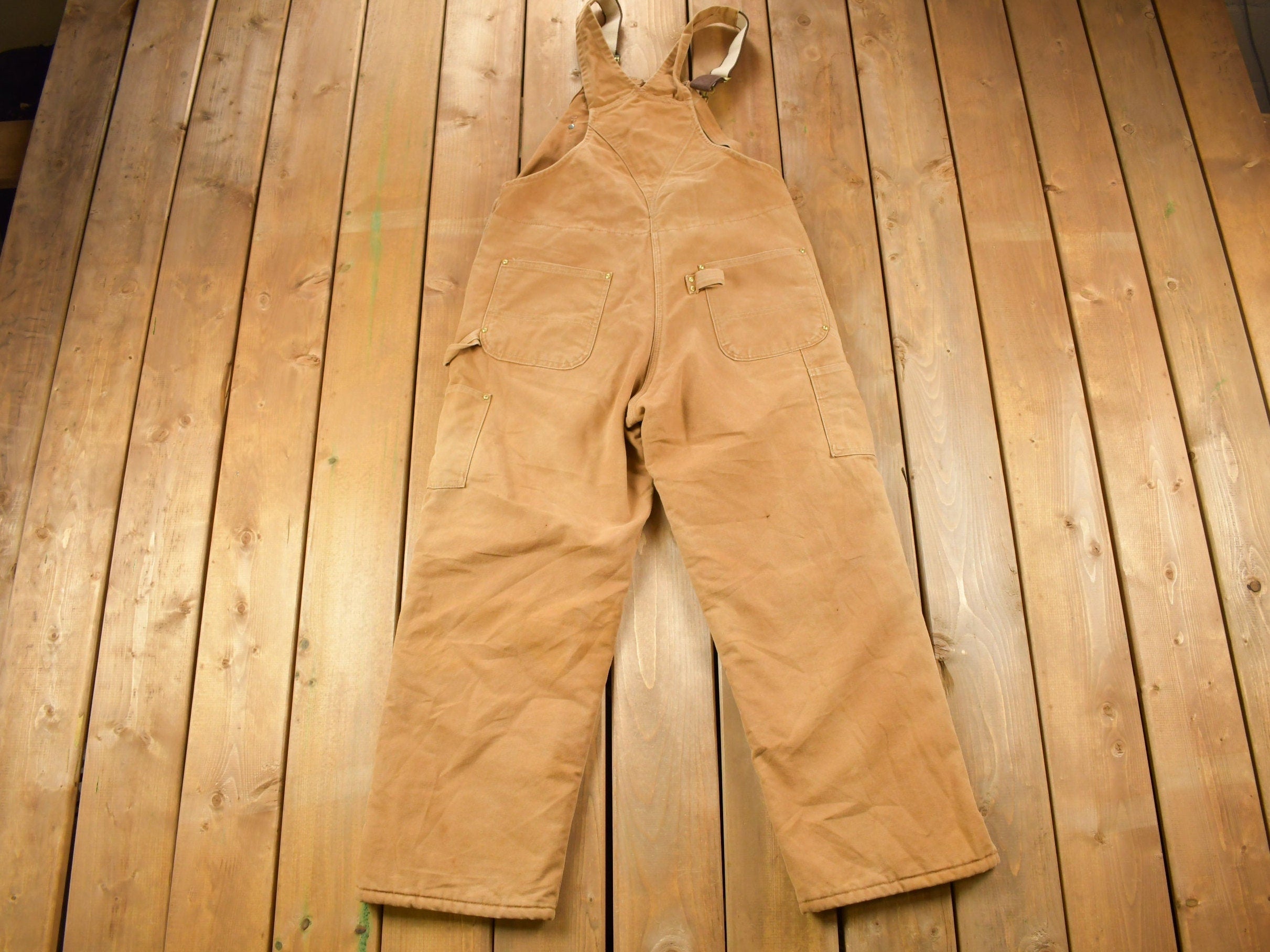 Vintage 1990s Carhartt Beige Double Knee Canvas Quilted Overalls Size 38 x 30