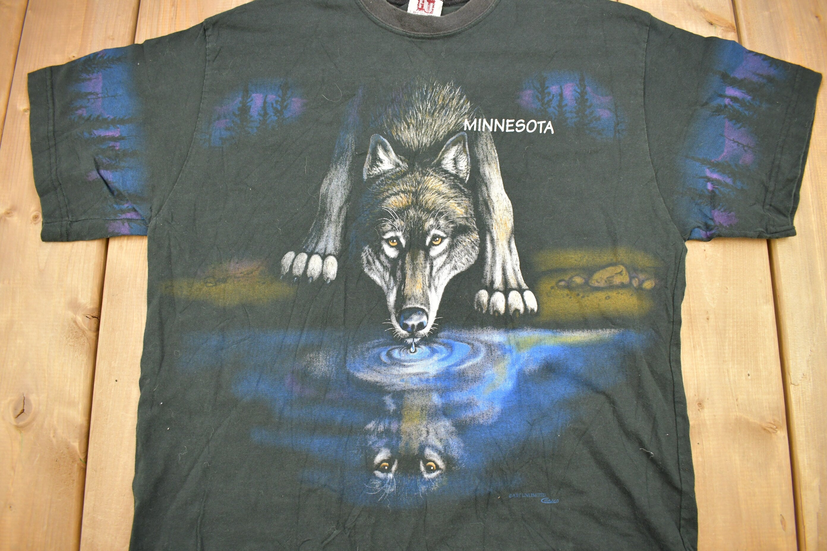 Vintage 1990s Wolf Theme All Over Print Graphic T-Shirt Made In USA