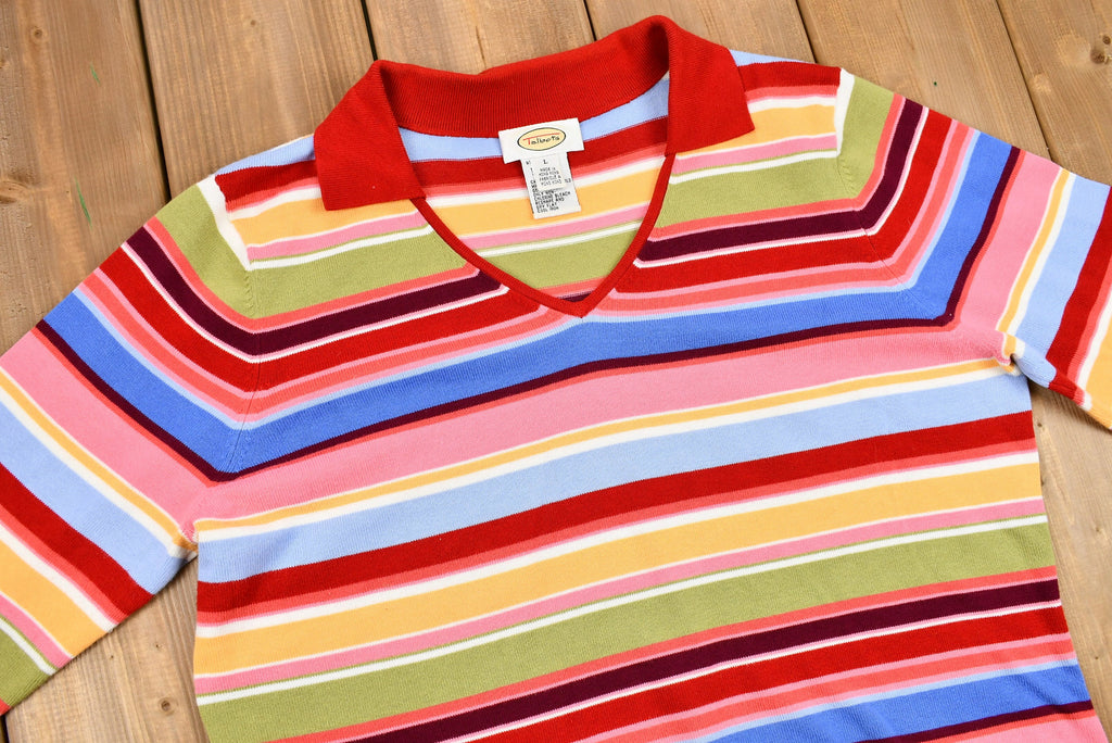 Vintage 1990s Talbots Rainbow Striped V-Neck Collared Sweater