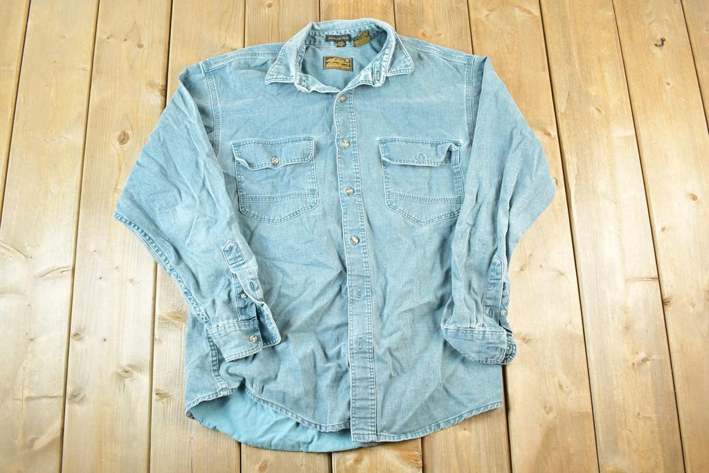 Vintage 1990s Eddie Bauer Denim Button Up Shirt Mens M  Made In USA  Vintage Quarter Button  Preppy Button Up