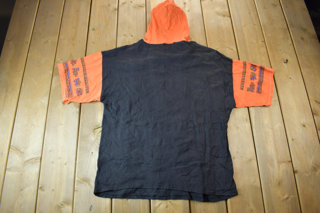 Vintage 1990s Aztec Mayan Theme Single Stitch Graphic Hooded T-Shirt Made In UK