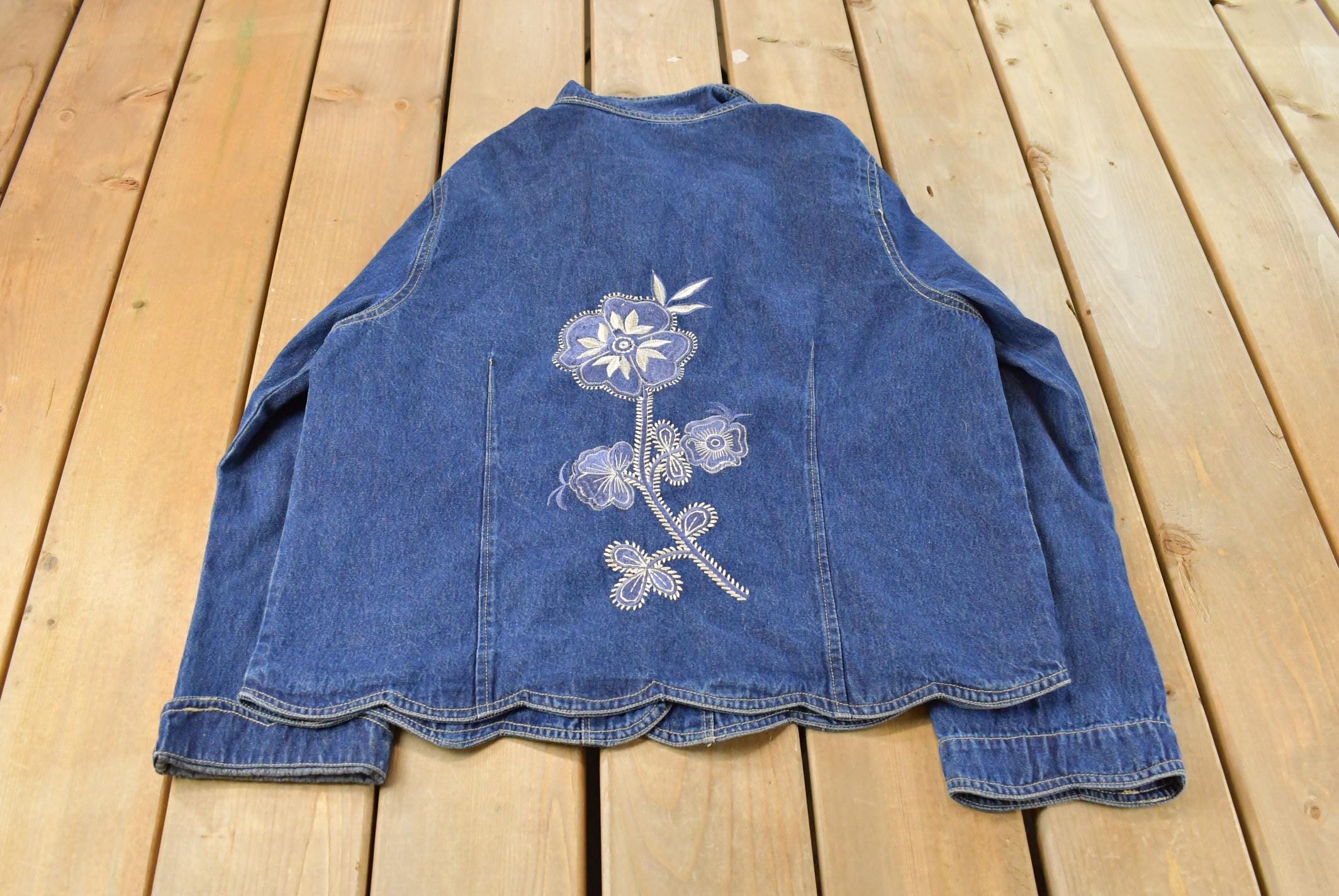 Vintage 1990s Keren Hart Denim Floral Embroidered Button Up Shirt Jacket Women's L / Vintage Shacket / Denim Button Up / Cute Grandma Core