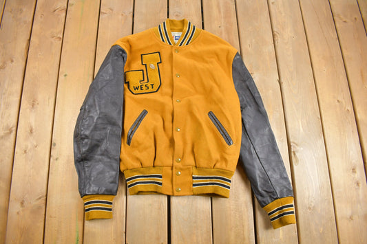 Vintage 1980s Juliet West Holloway Leather Varsity Jacket / Size M / Leather Coat / Made In USA / True Vintage / Yellow Varsity Jacket