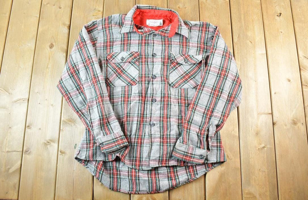 Vintage 1970s Sears Fieldmaster Plaid Flannel Lined Wool Blend Button Up Shirt Mens L