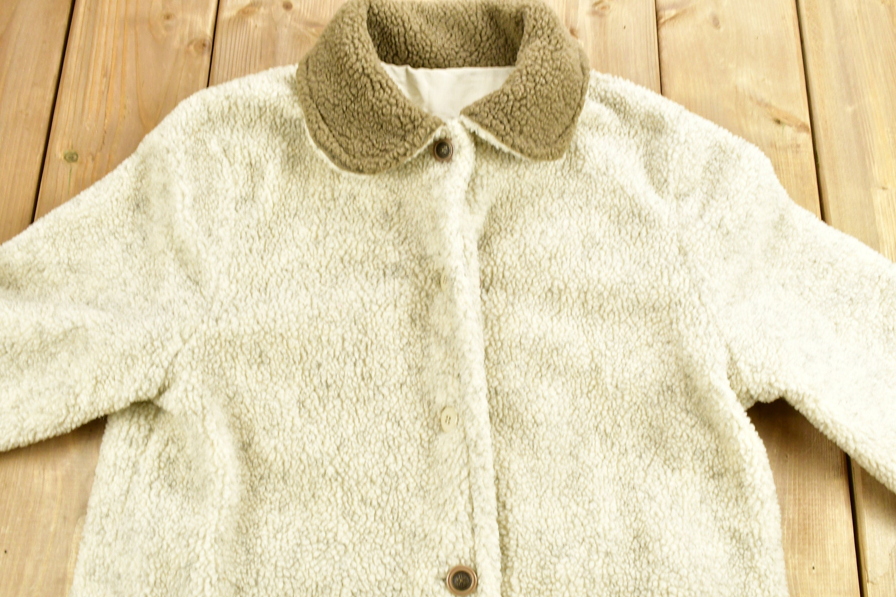 Vintage 1990s Cream Color Deep Pile Button Up Fleece Sweater