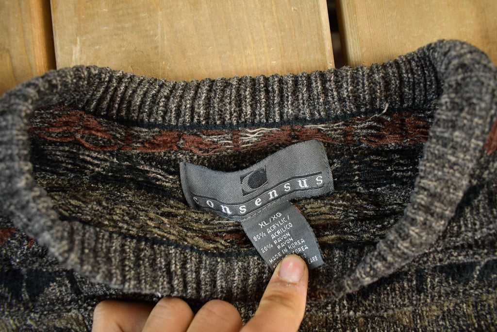 Vintage 1990s Consensus Knit Abstract Pattern Crewneck Sweater Men's Medium / 90s Crewneck / Preppy Knits