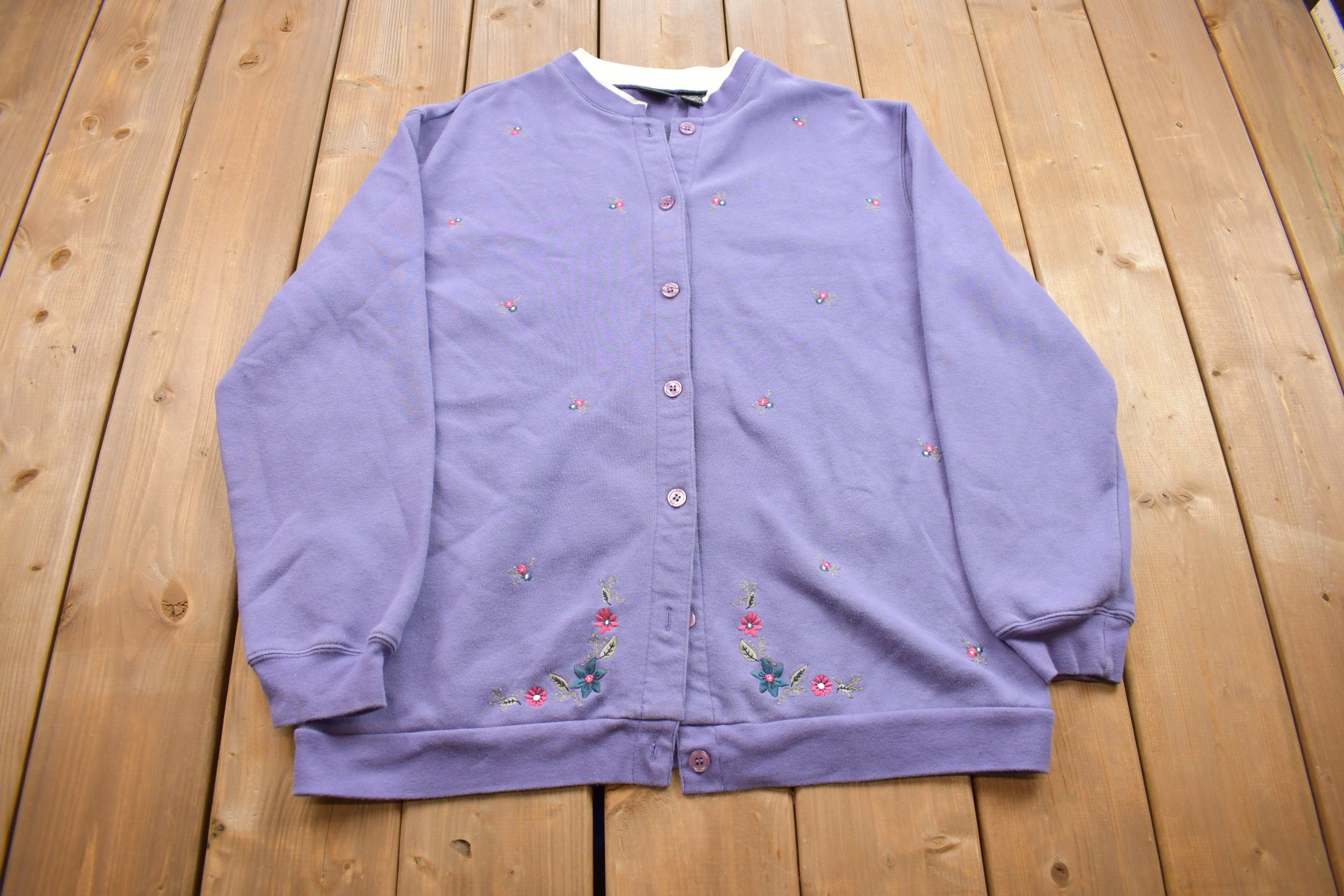 Vintage 1990s Jenny Buchanan Flower Details Cardigan Sweater  Vintage Cardigan  Button Up  Patchwork  Embroidered  Made In USA