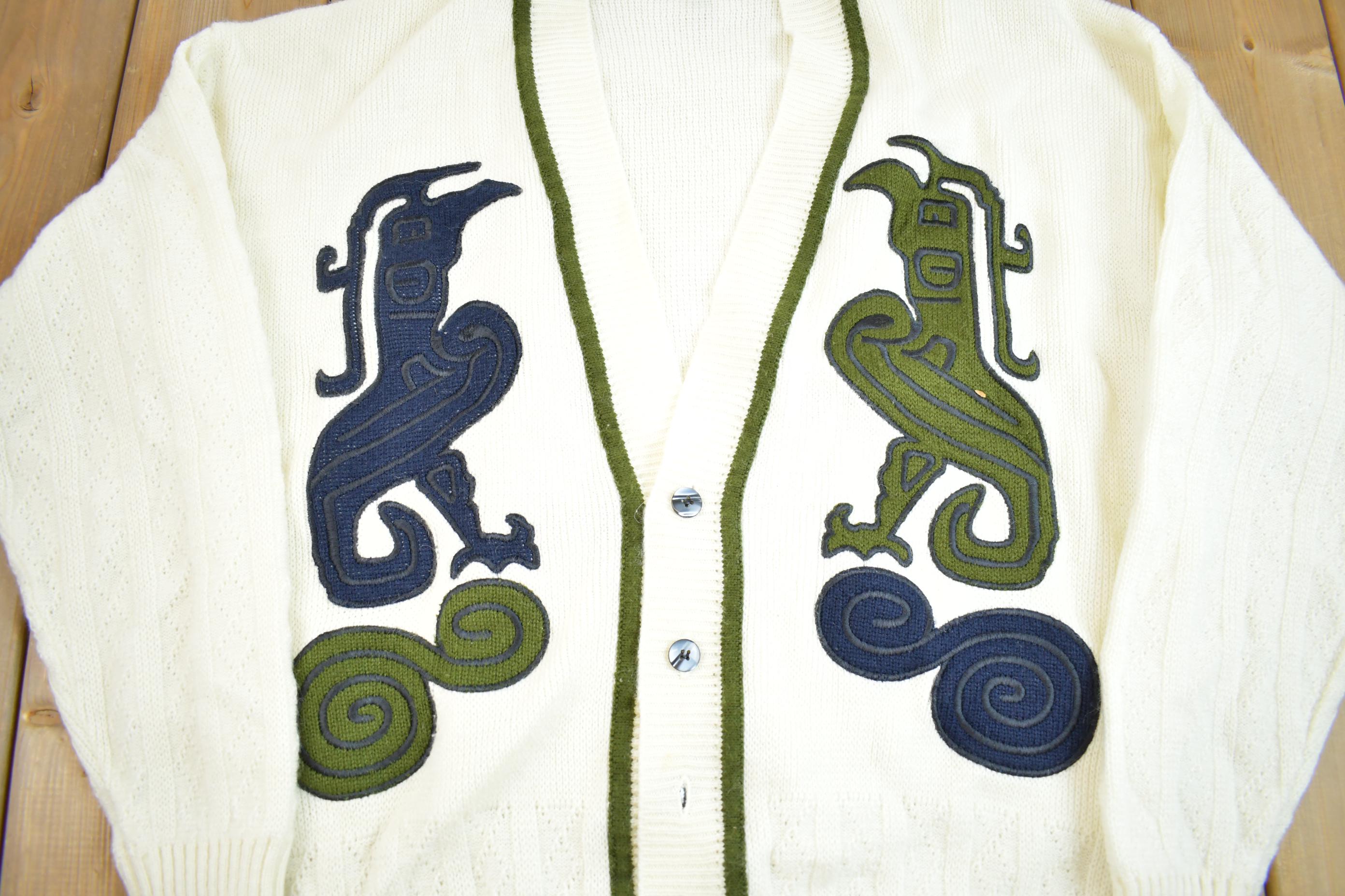 Vintage 1980s JED Embroidered Abstract Pattern Knit Cardigan Sweater