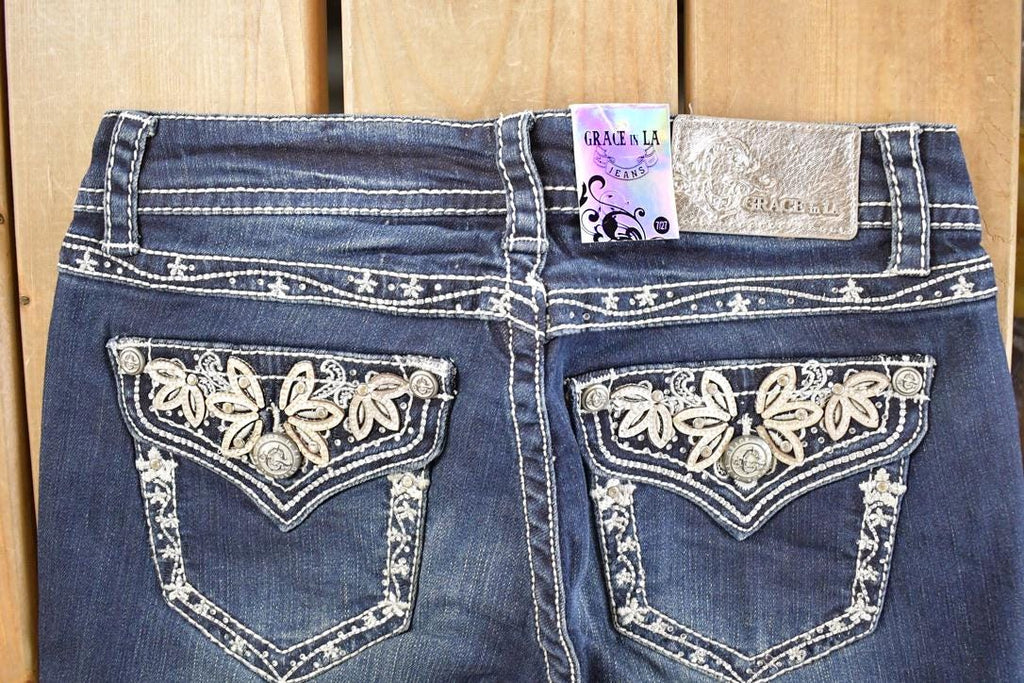 Vintage Deadstock Y2K Grace In LA Bedazzled Bootcut Low Rise Jeans Women's Size 27 x 30