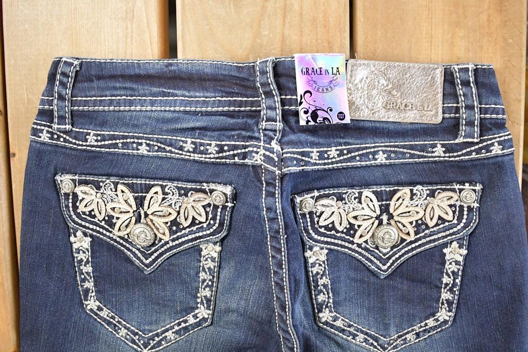 Vintage Deadstock Y2K Grace In LA Bedazzled Bootcut Low Rise Jeans Women's Size 27 x 30