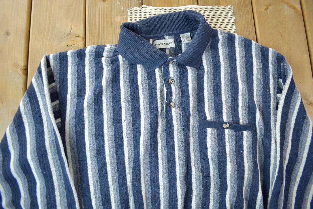 Vintage 1990s David Taylor Striped Knit Quarter Button Collared Sweater