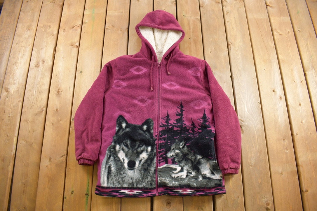 Vintage 1990s Winter Wolf Theme Fleece Sweater