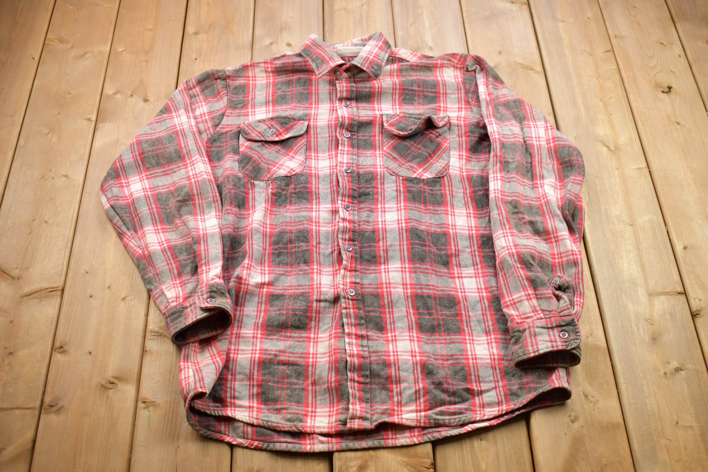 Vintage 1990s Sports Afieid Plaid Flannel Button Up Shirt