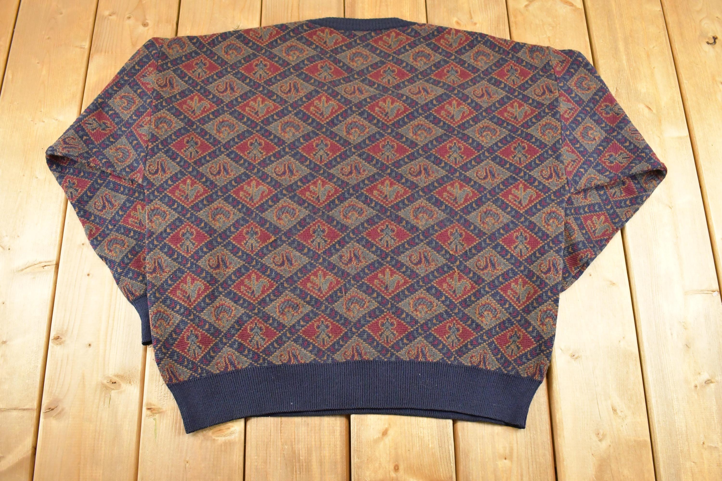 Vintage 1990s Knit V Neck Sweater Men's L / 90's Abstract Pattern 3D Knitted Sweatshirt