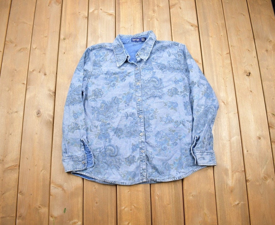 Vintage 1990s Krazy Kat Denim Button Up Shirt / Denim / Abstract Pattern / Casual Shirt / Formal Shirt