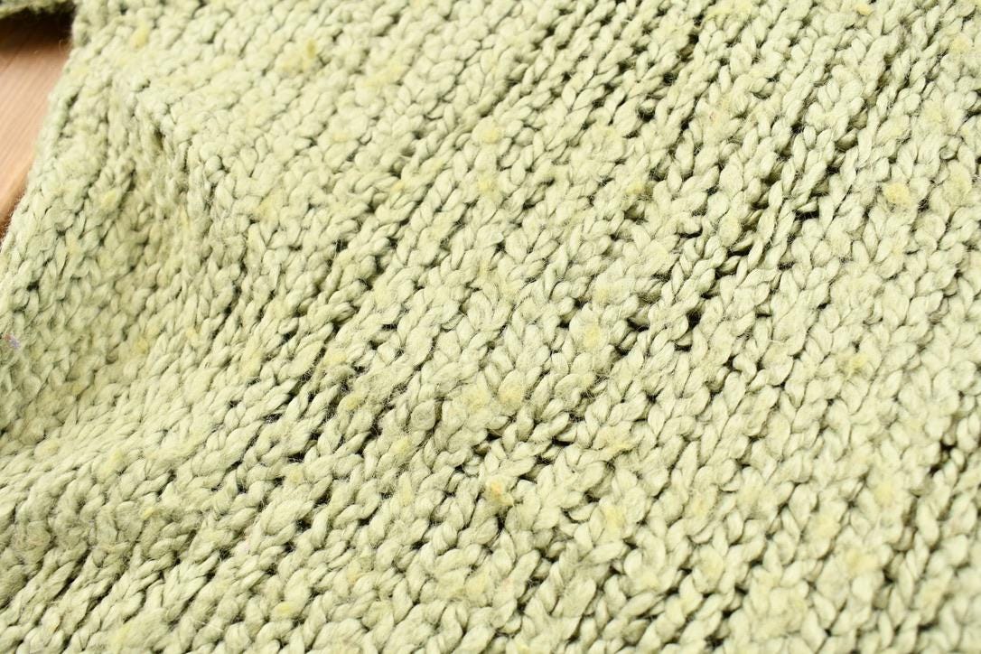 Vintage 1990s Women's Sage Green Kenzie Button Detail Ribbed Chunky Knit Mock Neck Sweater